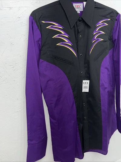 New Men’s Purple Black ELY Diamond Pearl Snap Long Sleeve Shirt Medium I-55