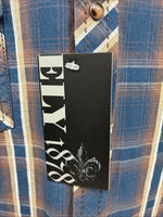 New Men’s ELY 1878 Blue Brown Plaid Long Sleeve Pearl Snap XL T-13
