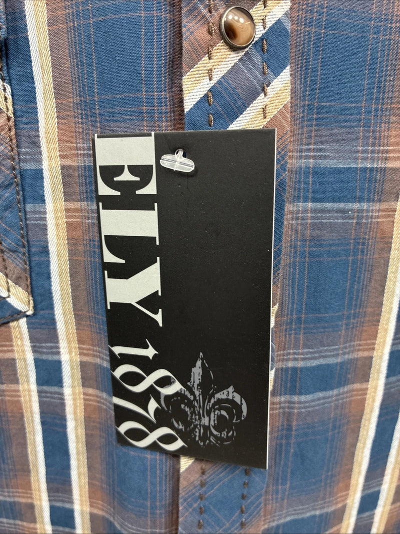 New Men’s ELY 1878 Blue Brown Plaid Long Sleeve Pearl Snap XL T-13