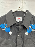 New Men’s ELY Diamond Black Blue Rose Design Long Sleeve Pearl Snap Medium K-35