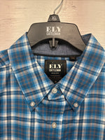 New Men’s ELY Cattleman Blue Yellow Plaid Long Sleeve Button Up XL R-53
