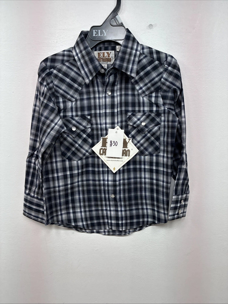New Kids ELY Cattleman Black Plaid Long Sleeve Pearl Snap Size 5 DD-149