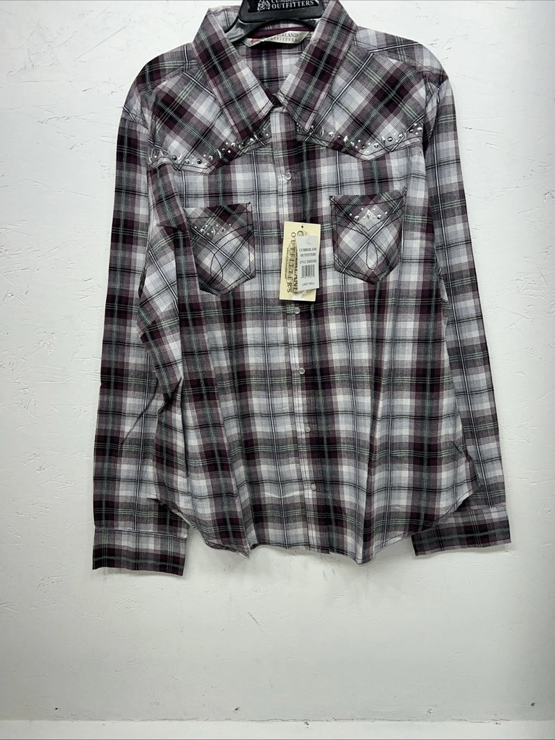 New Women’s Purple Cumberland Outfitters Long Sleeve Pearl Snap Shirt 1X S-33