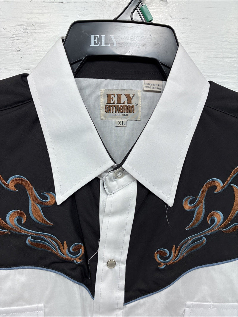 New Men’s ELY Cattleman White Black Embroidered Long Sleeve Pearl Snap XL H-65