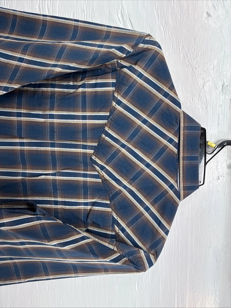 New Men’s ELY 1878 Blue Brown Plaid Long Sleeve Pearl Snap Large Q-32