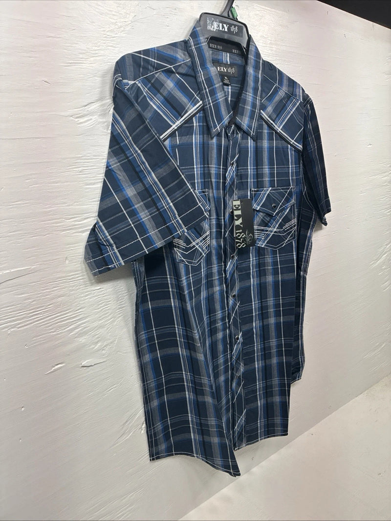 New Men’s ELY 1878 Blue Plaid Short Sleeve Pearl Snap XL R-48