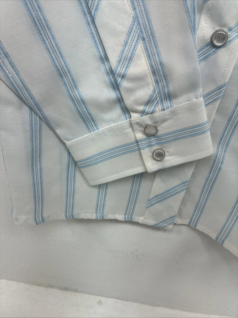 New Women’s White Horse White Blue Stripe Long Sleeve Pearl Snap XL GG-71