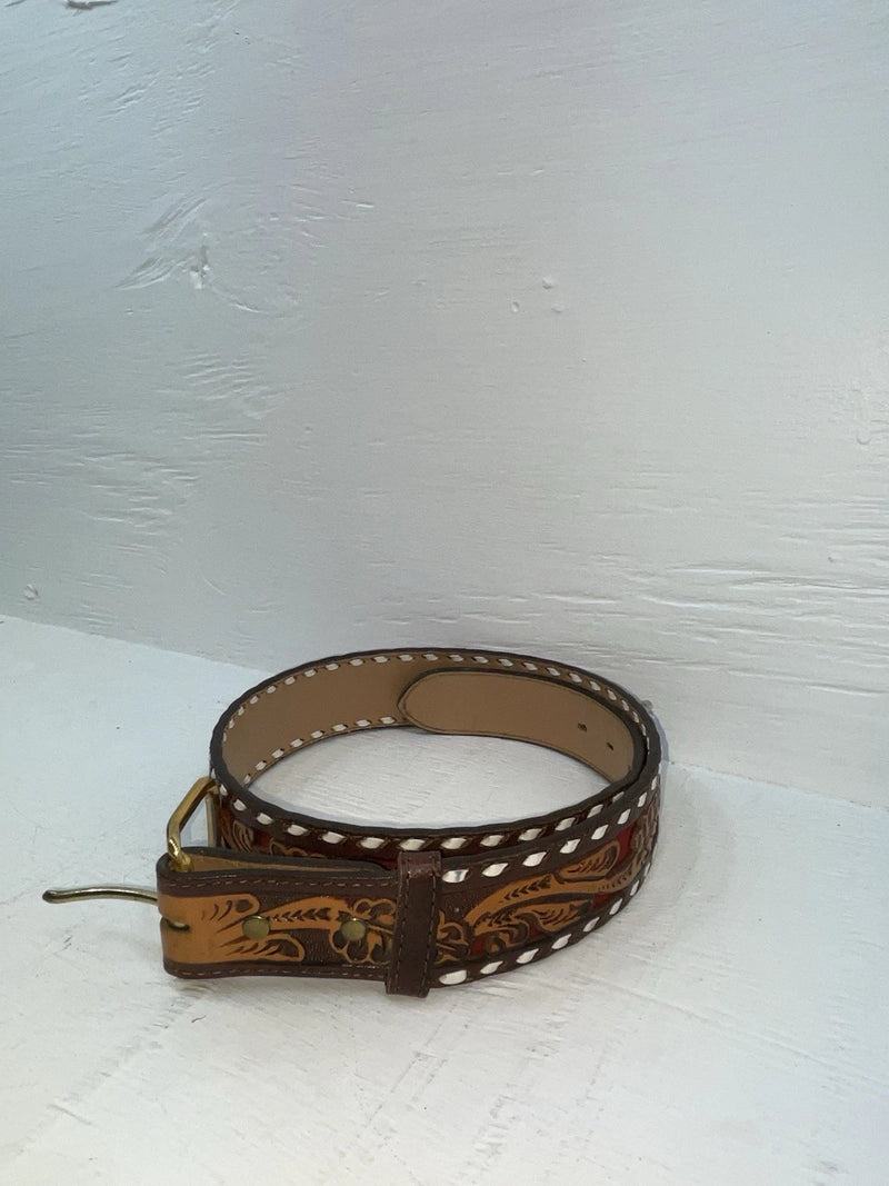 New Red Genuine Leather Longhorn Tooled 34” Belt #82828 JJ-34