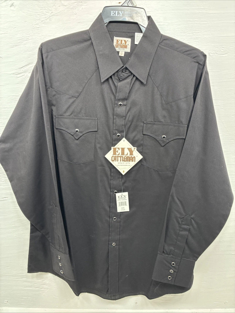 New Men’s ELY Cattleman Black Simple Long Sleeve Pearl Snap 17 XL O-44