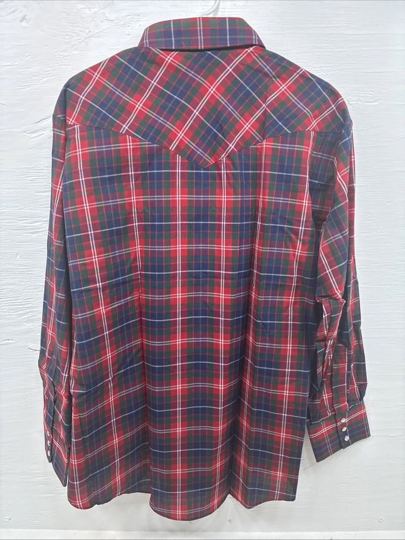 New Men’s ELY Plains Red Blue Plaid Long Sleeve Pearl Snap 17 XL T-87