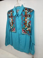 New Women’s Wrangler Blue Design Long Sleeve Button Up Large TT-7