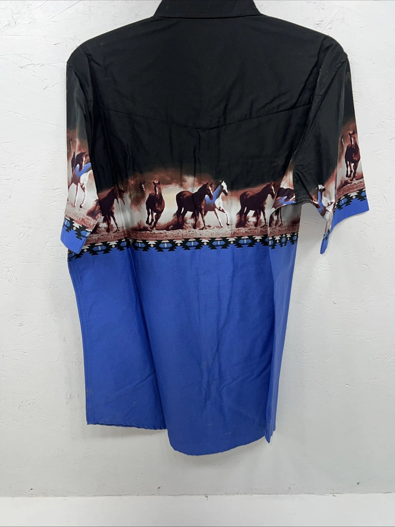 New Men’s Blue Black Horse ELY Cattleman Short Sleeve Pearl Snap Shirt. L P-55