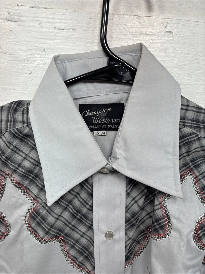 New Men’s Champion Western Gray Plaid Long Sleeve Pearl Snap 15 Medium AA-76