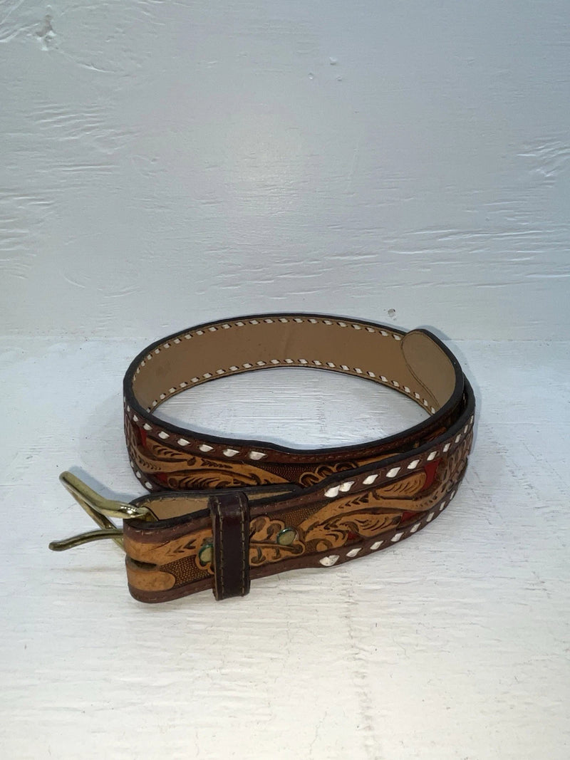 New Red Genuine Leather Longhorn Tooled 32” Belt #82828 NN-60