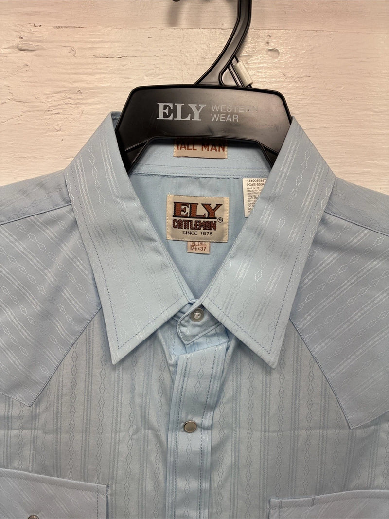 New Men’s ELY Cattleman Blue Stripe Design Long Sleeve Pearl Snap 17.5 XL O-37
