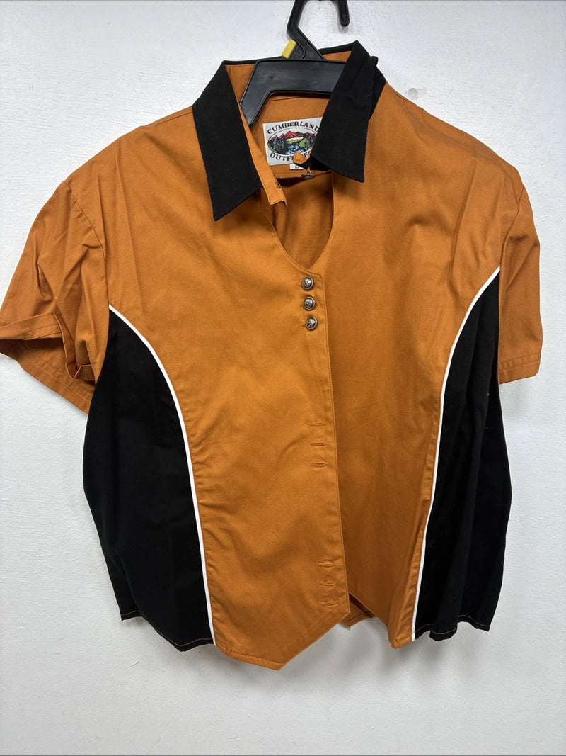 New Women’s Cumberland Orange Black Short Sleeve Button Up Large TT-68