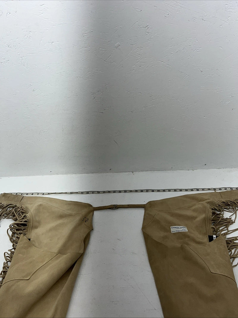 New Tan Congress Leather Show Chaps With Fringe Adjustable Waist 44” L-45