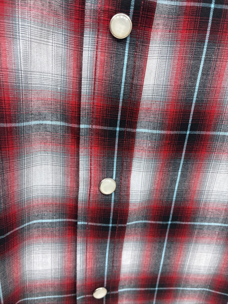 New Men’s ELY Cattleman Red Gray Plaid Short Sleeve Pearl Snap Large X-21