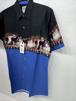 New Men’s Blue Black Horse ELY Cattleman Short Sleeve Pearl Snap Shirt. L P-55