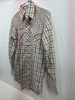 New Men’s Stockman Yellow Blue Plaid Long Sleeve Pearl Snap 14.5 X 33 Small R-21