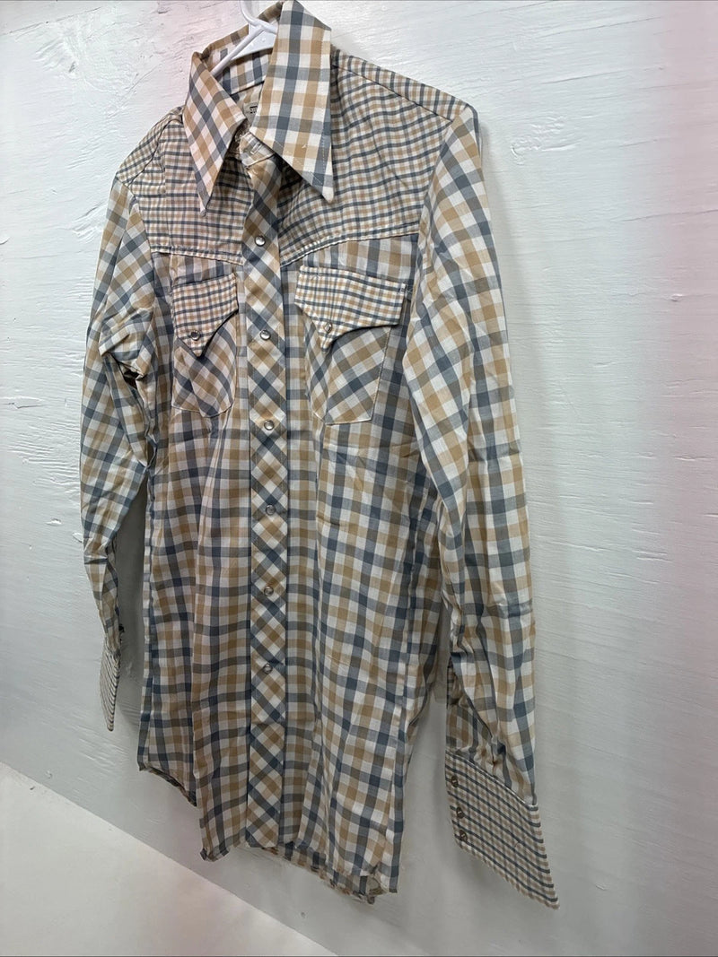 New Men’s Stockman Yellow Blue Plaid Long Sleeve Pearl Snap 14.5 X 33 Small R-21
