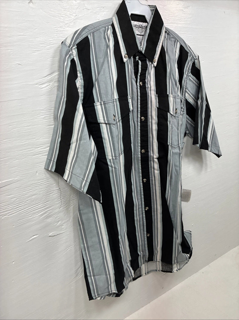 New Men’s San Angelo Gray Black Stripe Short Sleeve Button Up Medium CC-16