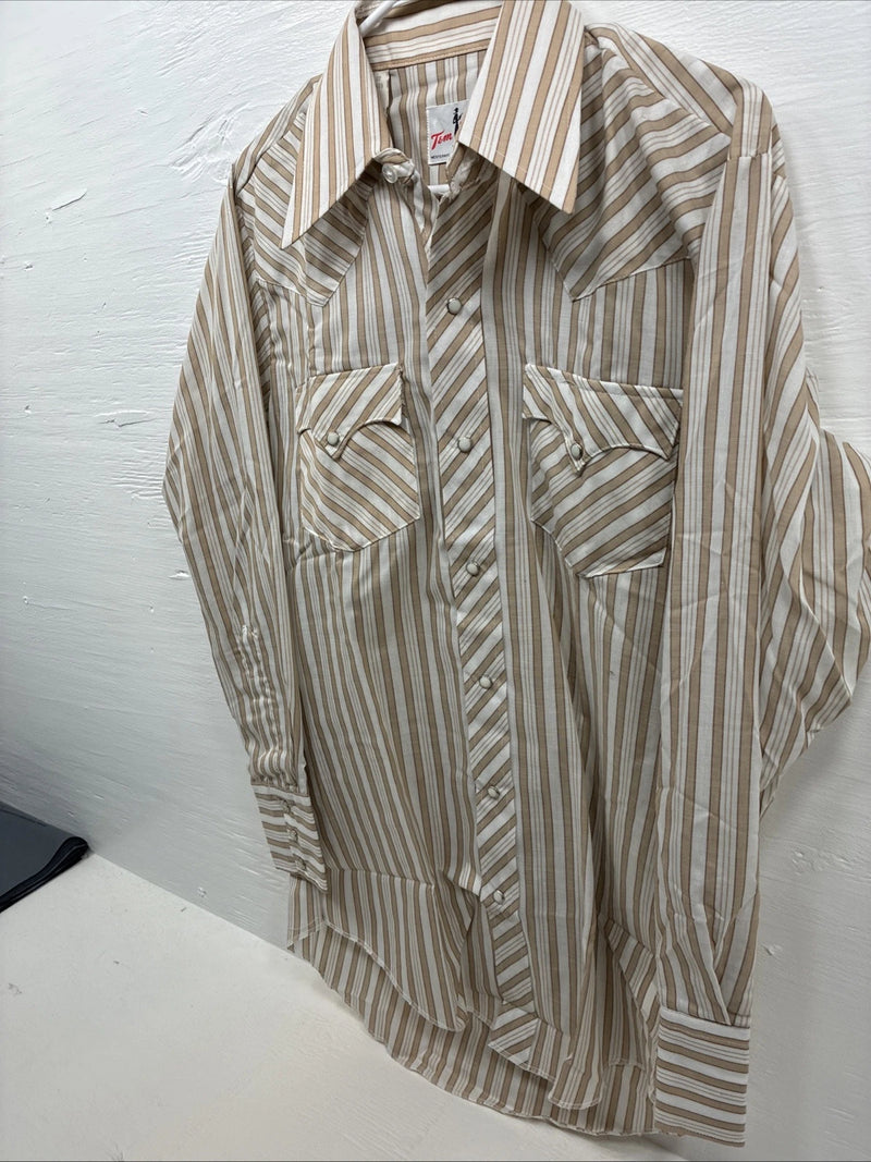 New Men’s Tem Tex Tan White Stripe Long Sleeve Pearl Snap Medium E-74