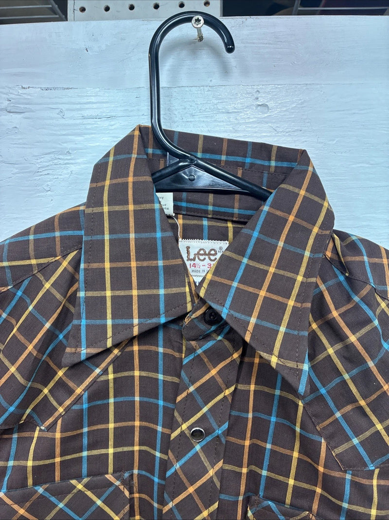 New Men’s LEE Brown Plaid Long Sleeve Pearl Snap 14.5 Small M-55