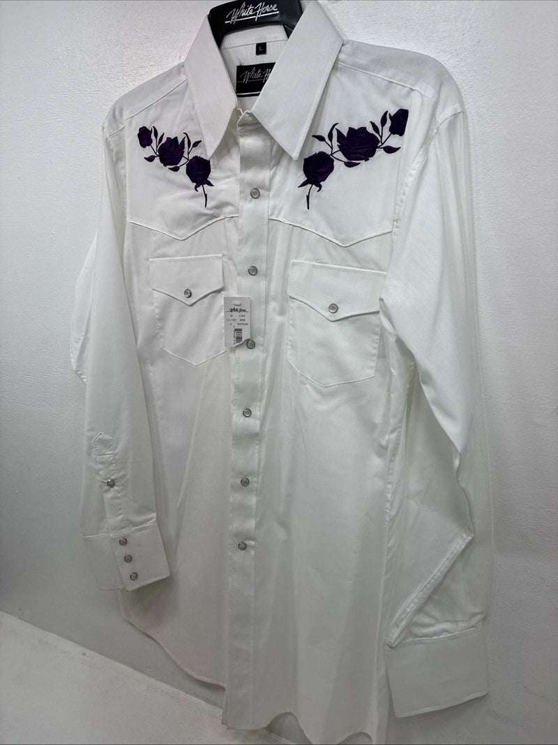New Men’s White Horse White Purple Long Sleeve Pearl Snap Large MM-34