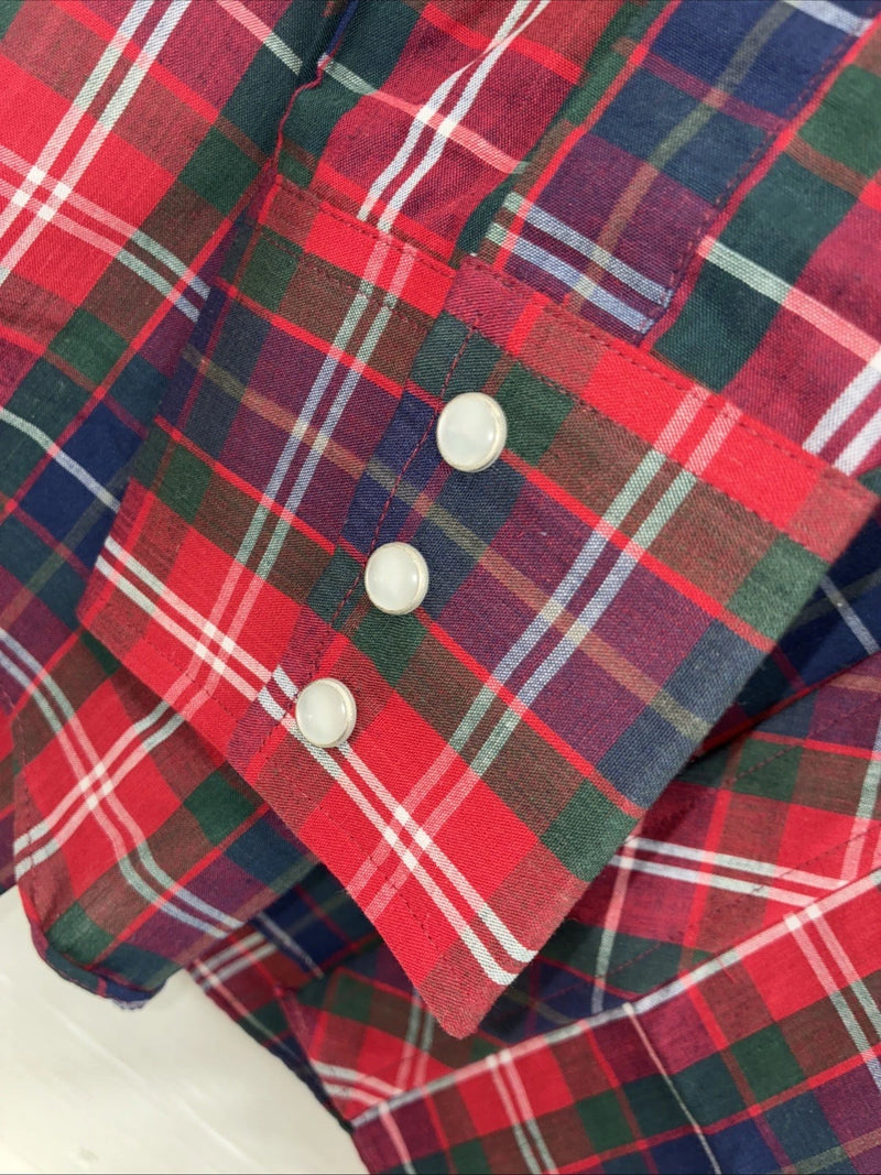 New Men’s ELY Plains Red Plaid Long Sleeve Pearl Snap 14.5 X 33 Small AA-92