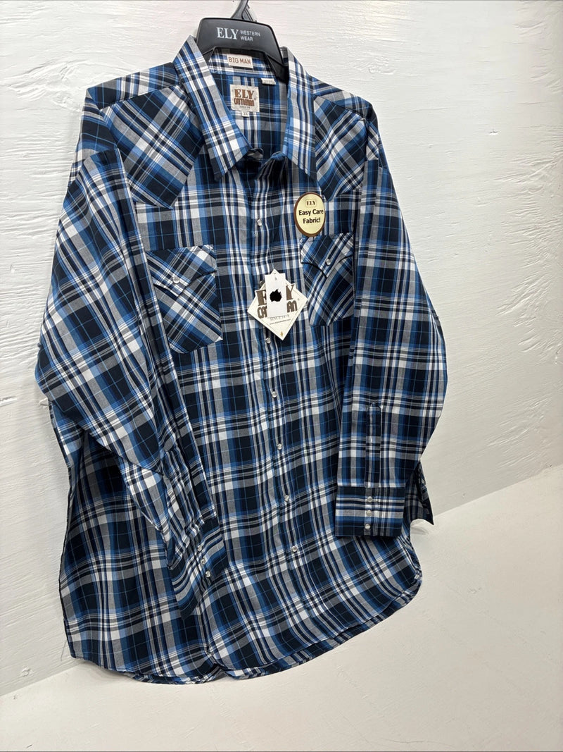 New Men’s ELY Cattleman Blue Long Sleeve Pearl Snap 3XL E-36