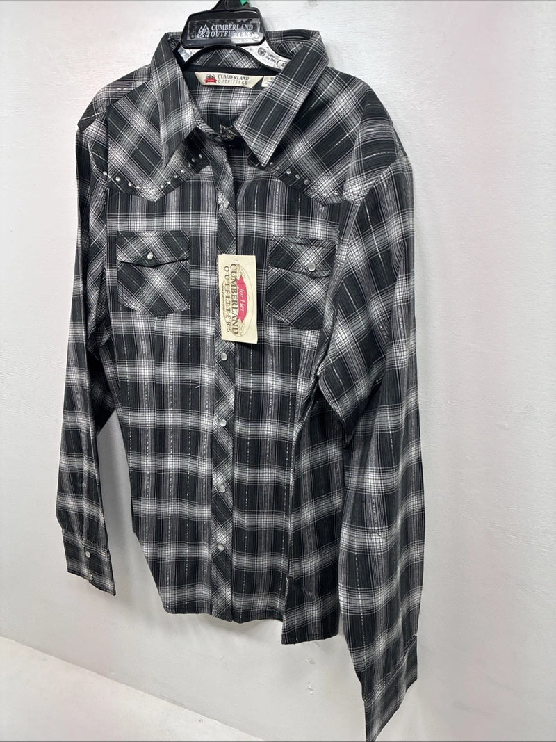 New Women’s Cumberland Black Plaid Long Sleeve Pearl Snap XL II-15
