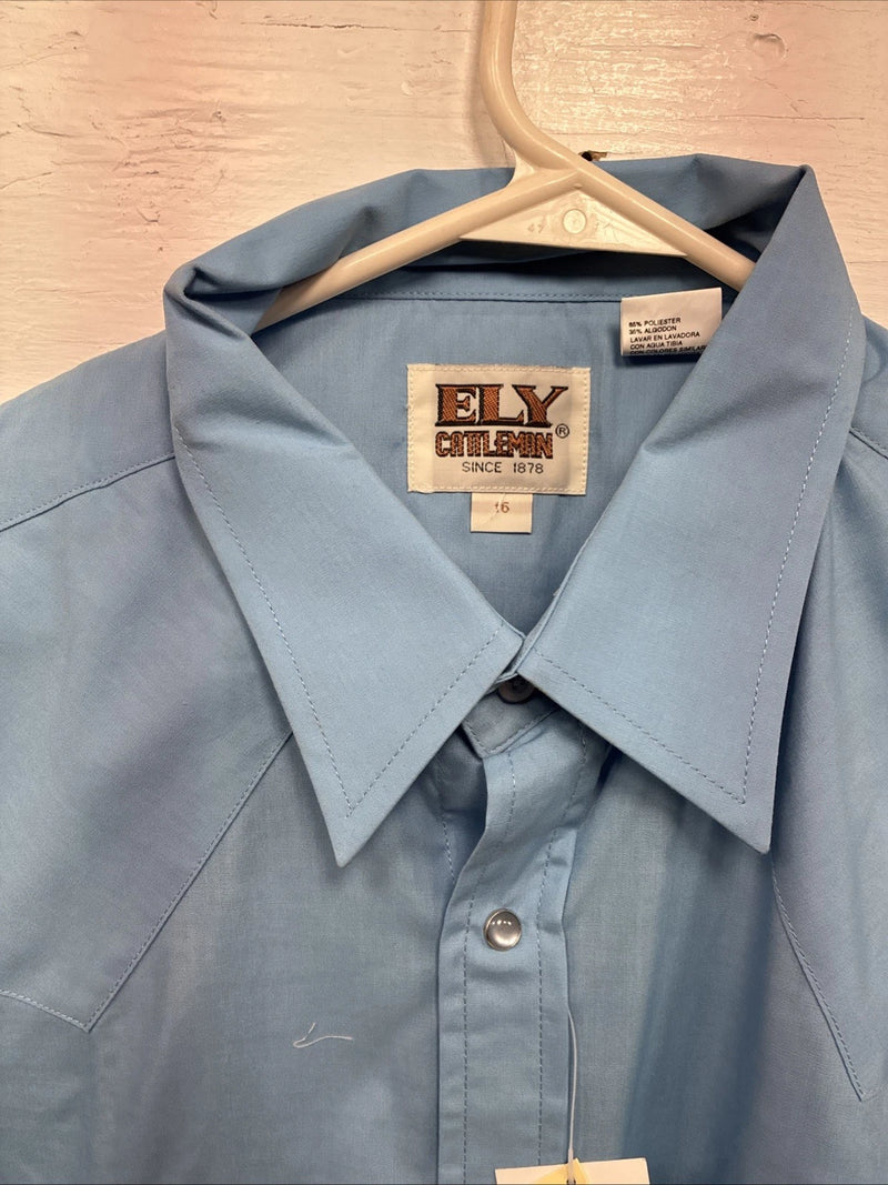 New Men’s ELY Cattleman Simple Blue Short Sleeve Pearl Snap 16 Large A-31