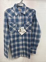New Kids ELY Cattleman Blue Plaid Long Sleeve Pearl Snap Size 14 DD-39