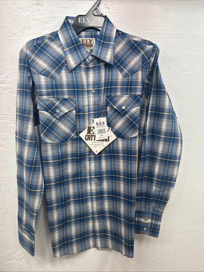 New Kids ELY Cattleman Blue Plaid Long Sleeve Pearl Snap Size 14 DD-39