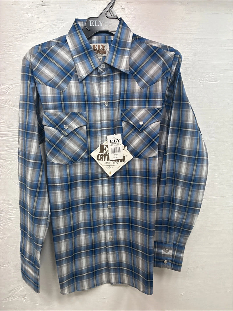 New Kids ELY Cattleman Blue Plaid Long Sleeve Pearl Snap Size 14 DD-39