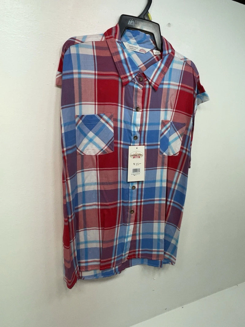 New Women’s Plaid Cumberland Outfitters Cut Off Button Up Shirt L #14119 3B-49