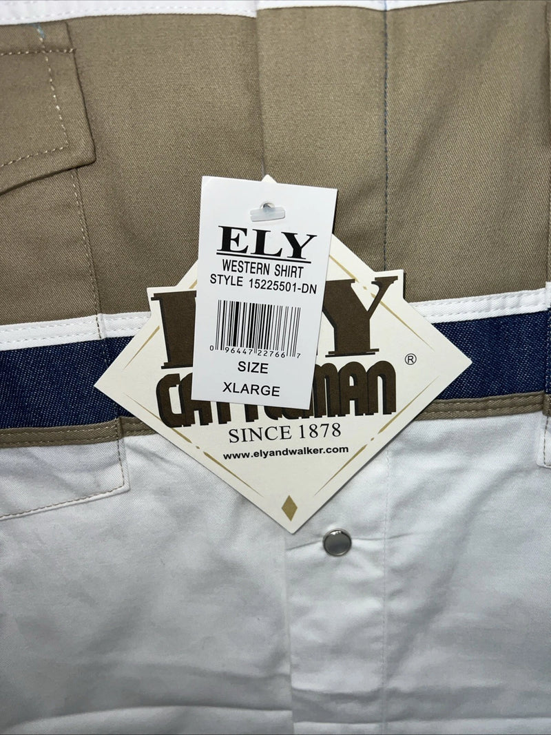 New Mens White Blue ELY Cattleman Long Sleeve Pearl Snap Shirt. XL S-30