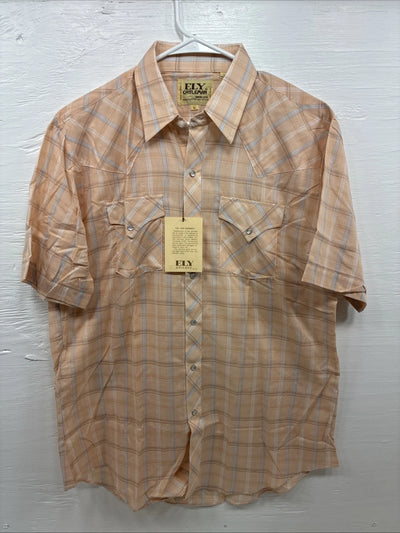 New Men’s ELY Cattleman Orange Plaid Short Sleeve Pearl Snap Large X-24