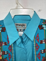 New Women’s Wrangler Blue Design Long Sleeve Button Up Large TT-7