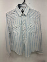 New Women’s White Horse White Blue Stripe Long Sleeve Pearl Snap Large GG-72