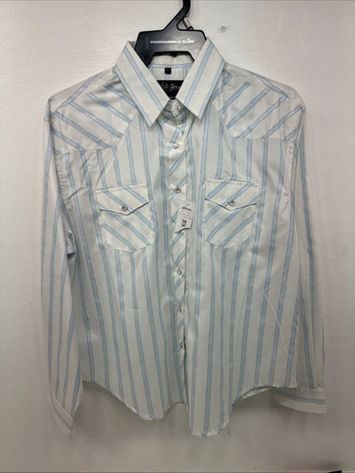 New Women’s White Horse White Blue Stripe Long Sleeve Pearl Snap Large GG-72
