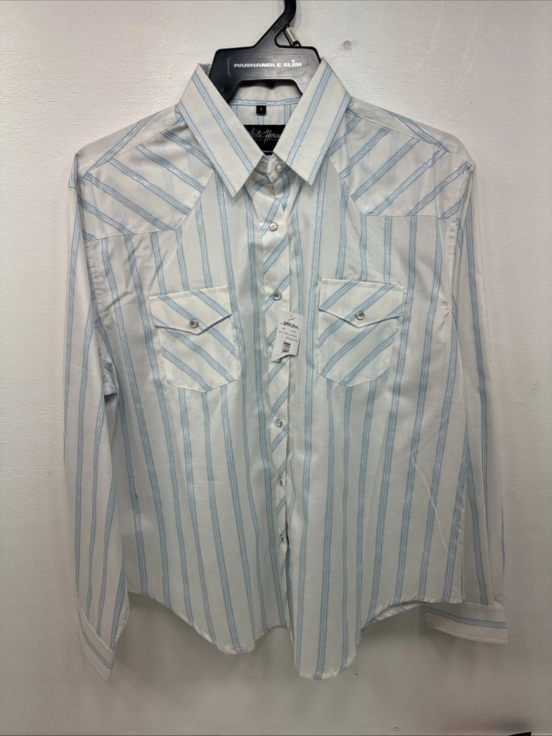 New Women’s White Horse White Blue Stripe Long Sleeve Pearl Snap Large GG-72