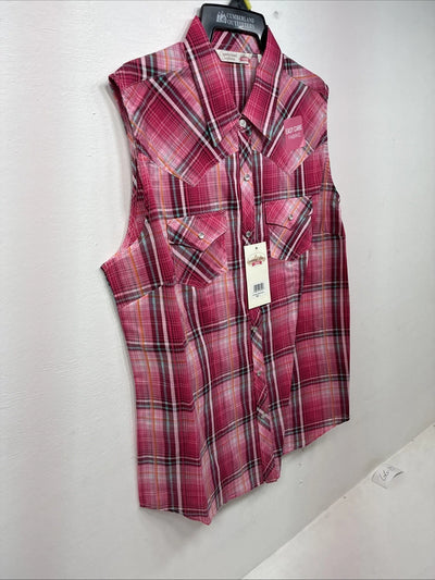 New Women’s Cumberland Pink Plaid Short Sleeve Pearl Snap Large GG-27
