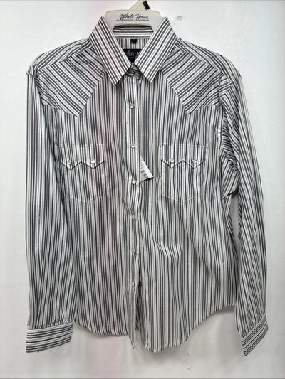 New Women’s White Horse Black White Stripe Long Sleeve Pearl Snap Medium LL-80
