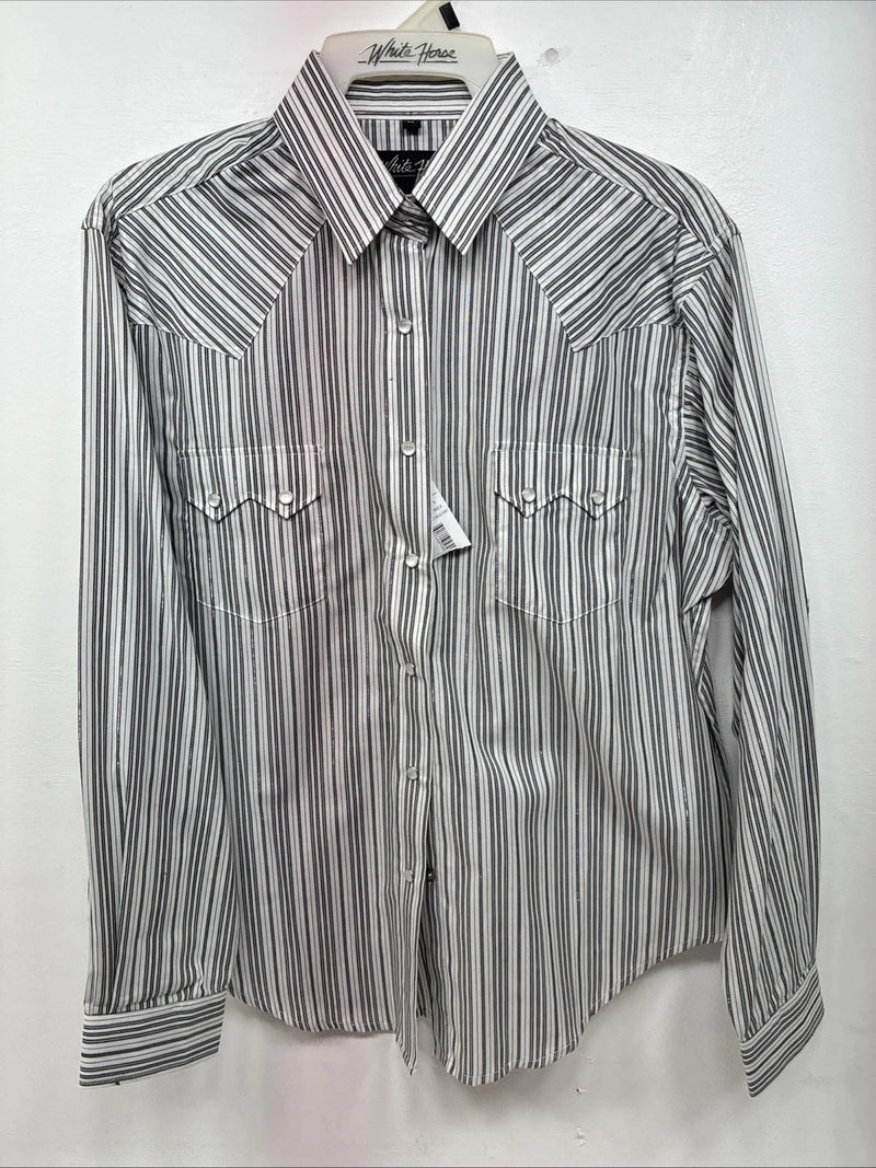 New Women’s White Horse Black White Stripe Long Sleeve Pearl Snap Medium LL-80