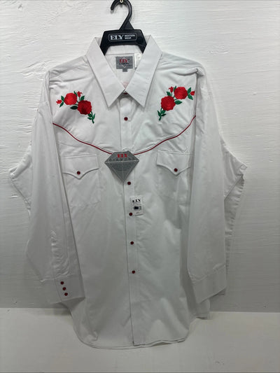 New Men’s ELY diamond White Rose Long Sleeve Pearl Snap 3XL F-53