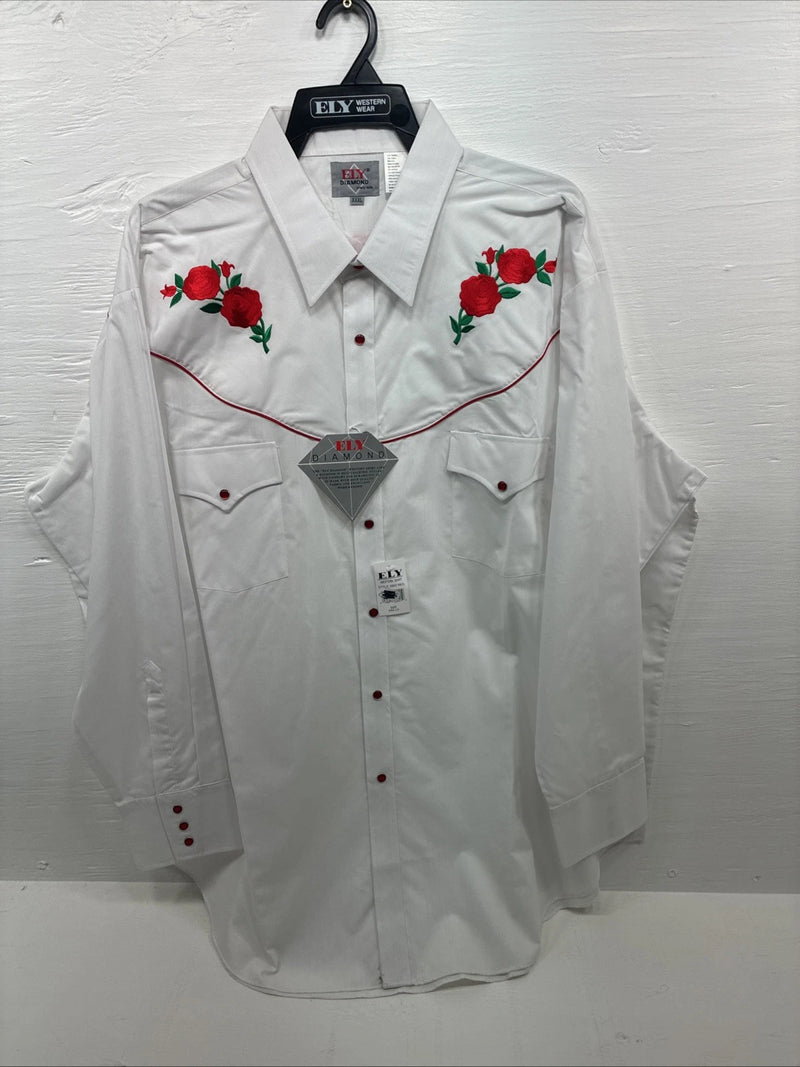 New Men’s ELY diamond White Rose Long Sleeve Pearl Snap 3XL F-53