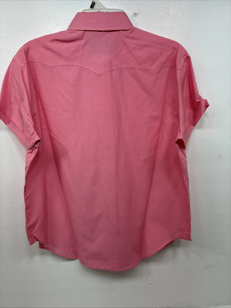 New Women’s White Horse Pink Checker Short Sleeve Pearl Snap Large KK-122