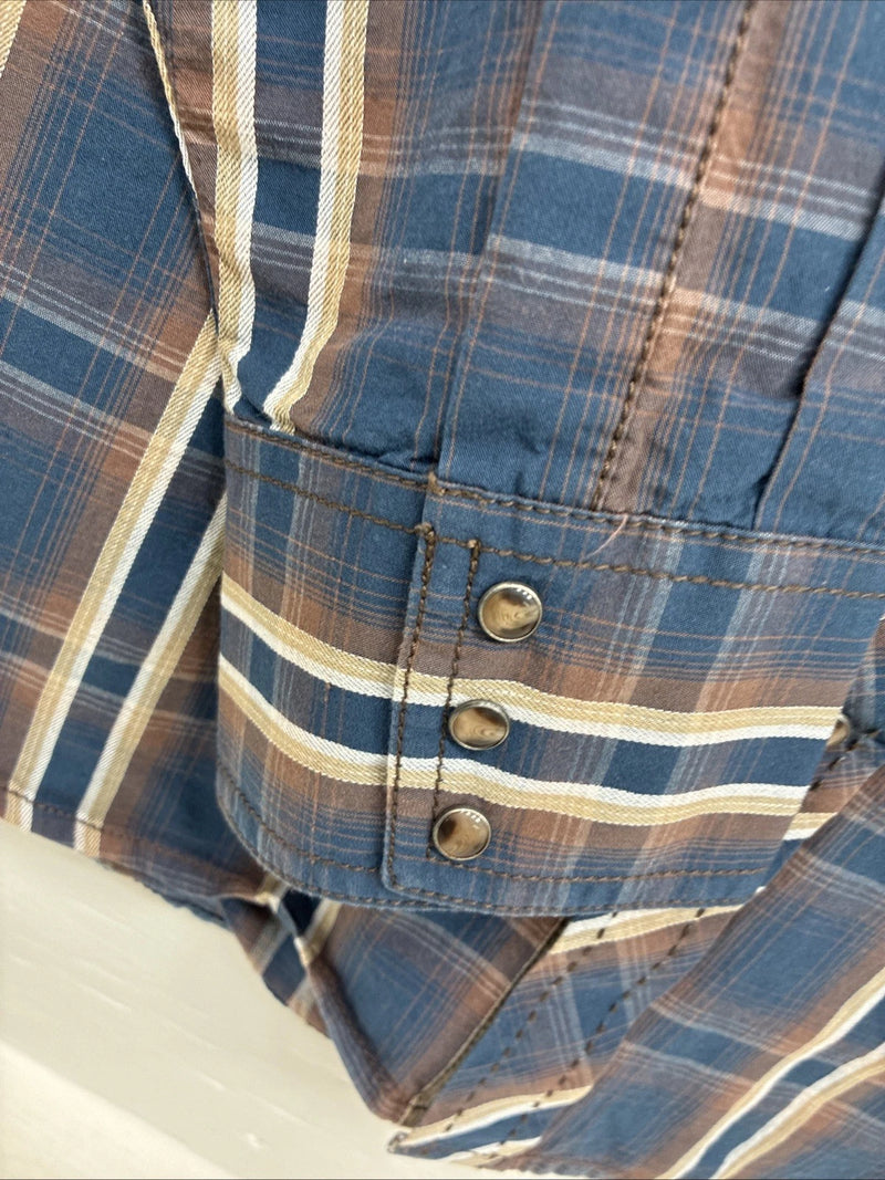 New Men’s ELY 1878 Blue Brown Plaid Long Sleeve Pearl Snap XL T-13